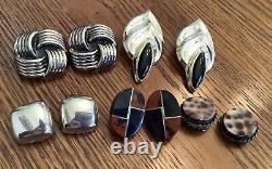 MT631 Lot Of Ten Vintage 925 Sterling Clip Earrings, 5 Pair With Black Onyx