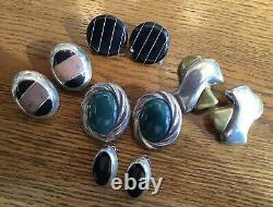 MT631 Lot Of Ten Vintage 925 Sterling Clip Earrings, 5 Pair With Black Onyx