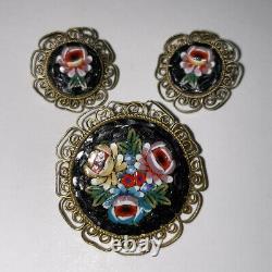 Micro Mosaic Italian Clip On Earrings And Brooch Set Made In Italy Antique 1920s