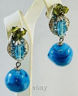 Miriam Haskell Clip Dangle Earrings Blue Art Glass & Rhinestone Vintage Signed