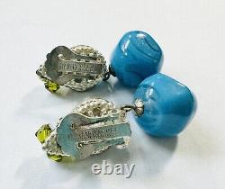 Miriam Haskell Clip Dangle Earrings Blue Art Glass & Rhinestone Vintage Signed