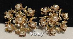 Miriam Haskell Earrings Rare Vintage 1-1/2 Signed Gilt Baroque Pearl Clip On A37