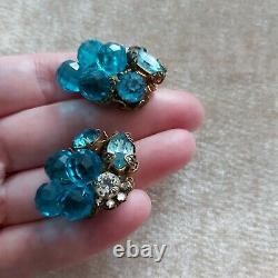 Miriam Haskell Earrings Rare Vintage Blue Glass Rhinestone Signed Horseshoe