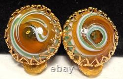 Miriam Haskell Earrings Rare Vintage Gilt Brown Green Art Glass Clip Signed A30