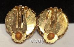 Miriam Haskell Earrings Rare Vintage Gilt Brown Green Art Glass Clip Signed A30