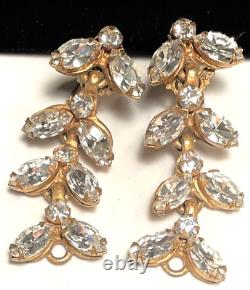 Miriam Haskell Earrings Rare Vintage Gilt Clear Rhinestone 2 Dangle Signed A59