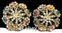 Miriam Haskell Earrings Rare Vintage Gilt Green Glass Rhinestone Clip Signed A52