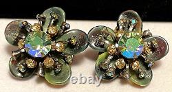 Miriam Haskell Earrings Rare Vintage Gilt Green Glass Rhinestone Signed A13