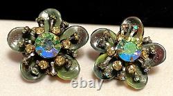 Miriam Haskell Earrings Rare Vintage Gilt Green Glass Rhinestone Signed A13