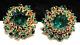 Miriam Haskell Earrings Rare Vintage Gilt Green Rhinestone 3/4 Clip Signed A57