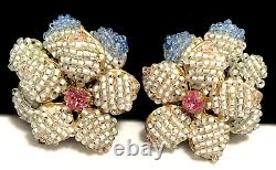 Miriam Haskell Earrings Rare Vintage Gilt Pink Blue Beaded 2 Clip Signed A52