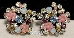 Miriam Haskell Earrings Rare Vintage Gilt Pink Blue Glass Rhinestone Signed A28