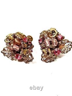 Miriam Haskell Earrings Rare Vintage Gilt Pink Glass R/S Clip Signed