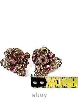 Miriam Haskell Earrings Rare Vintage Gilt Pink Glass R/S Clip Signed