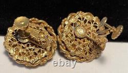 Miriam Haskell Earrings Rare Vintage Gilt Red Enamel Floral 1-1/4 Signed A58