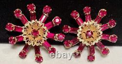 Miriam Haskell Earrings Rare Vintage Gilt Red Rhinestone 1-1/2 Clip Signed A30
