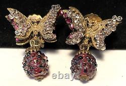 Miriam Haskell Earrings Rare Vintage Signed Gilt Purple Glass Butterfly Clip A56