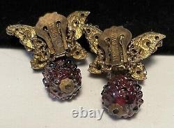 Miriam Haskell Earrings Rare Vintage Signed Gilt Purple Glass Butterfly Clip A56