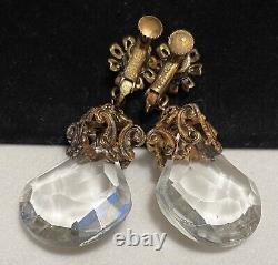 Miriam Haskell Earrings Vintage Gilt Clear Cut Glass 2 Dangle Clip Signed A57