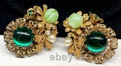 Miriam Haskell Signed Earrings Rare Vintage Gilt Green Glass Rhinestone A55