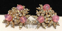 Miriam Haskell Signed Earrings Rare Vintage Gilt Pink Glass Rhinestone Clip A51
