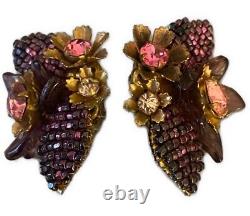 Miriam Haskell Very Rare Vintage Clip on Earrings Plum Crystal Beading, signed