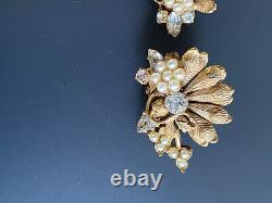 Miriam Haskell Vintage Earrings Pearl And Rhinestone Clip On Early Not Signed