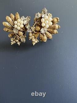 Miriam Haskell Vintage Earrings Pearl And Rhinestone Clip On Early Not Signed