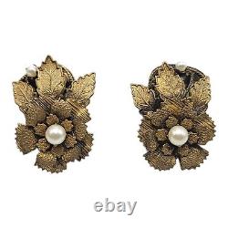 Miriam Haskell Vintage Faux Pearl Gold Plated Flower Clip Earrings