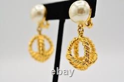 Moschino Vintage Clip Earrings Peace Gold Pearl Chunky Dangle RARE Signed BinAS