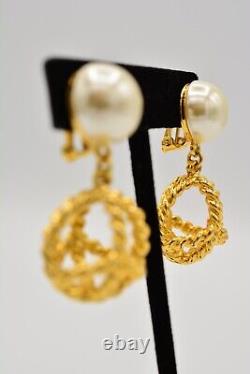 Moschino Vintage Clip Earrings Peace Gold Pearl Chunky Dangle RARE Signed BinAS