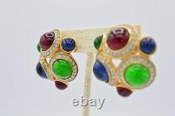NOS Vintage Earrings Clip Gold Red Green Blue Cabochon Gripoix Rhinestone BinX