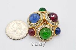 NOS Vintage Earrings Clip Gold Red Green Blue Cabochon Gripoix Rhinestone BinX