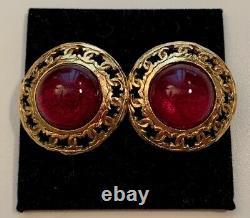 Original Vintage CHANEL gold tone clip on Earrings with red Gripoix by Victoire