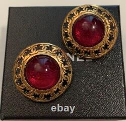 Original Vintage CHANEL gold tone clip on Earrings with red Gripoix by Victoire