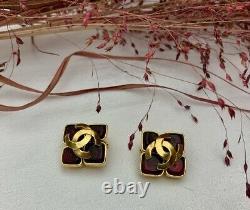 Original Vintage CHANEL square red pate de verre Earrings with large CC, 1995