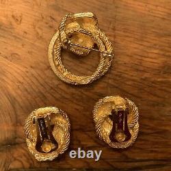 Outstanding Vtg Christian Dior Gold tone Rhinestone Clip On Earring Brooch SET