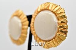 POGGI Paris Vintage Clip Earrings Brushed Gold Faux Pearl Chunky Signed BinAE