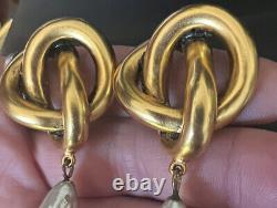 RARE 3 Donna Karen Vintage DK Clip On Earrings DKNY Gold Pearl Dangle Designer