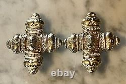 RARE Authentic Vintage Givenchy Gold Plated Crystal Cross Clip On Earrings