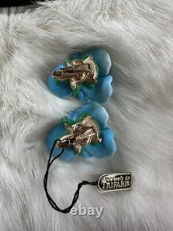RARE Crown Trifari Light Blue Flower Clip On Earrings Vintage w Org TAG
