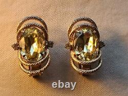 RARE Hobe Vintage Rhinestone Clip On Earrings Gold Toned Clear Faceted Crystal