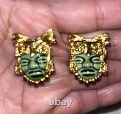 RARE SALVADOR TERAN Vintage Green Aztec Warrior Earrings Clip On