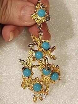 RARE Vintage Crown Trifari Signed Turquoise Rhinestone Dangling Earrings Clip