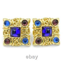 RARE Vintage Escada Margaretha Ley Gold Purple/Blue Jeweled Clip-On Earrings