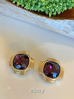 RARE Vintage GIVENCHY Couture Signed Gold Tone Amethyst Crystal Clip Earrings