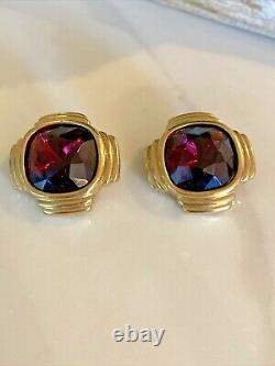RARE Vintage GIVENCHY Couture Signed Gold Tone Amethyst Crystal Clip Earrings