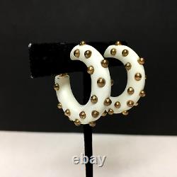 RARE Vintage KJL Kenneth Jay LANE White Lucite Studded HOOP Clip Earrings FF53k