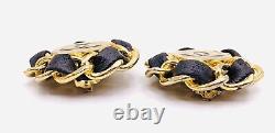 RARE Vintage Signed Chanel CC Logo Leather Woven Chain Earrings