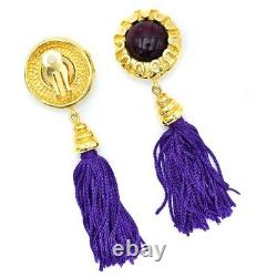 RARE! Vtg 80s ESCADA 4.5 Long Purple & Gold Round Gem Tassel Clip-On Earrings
